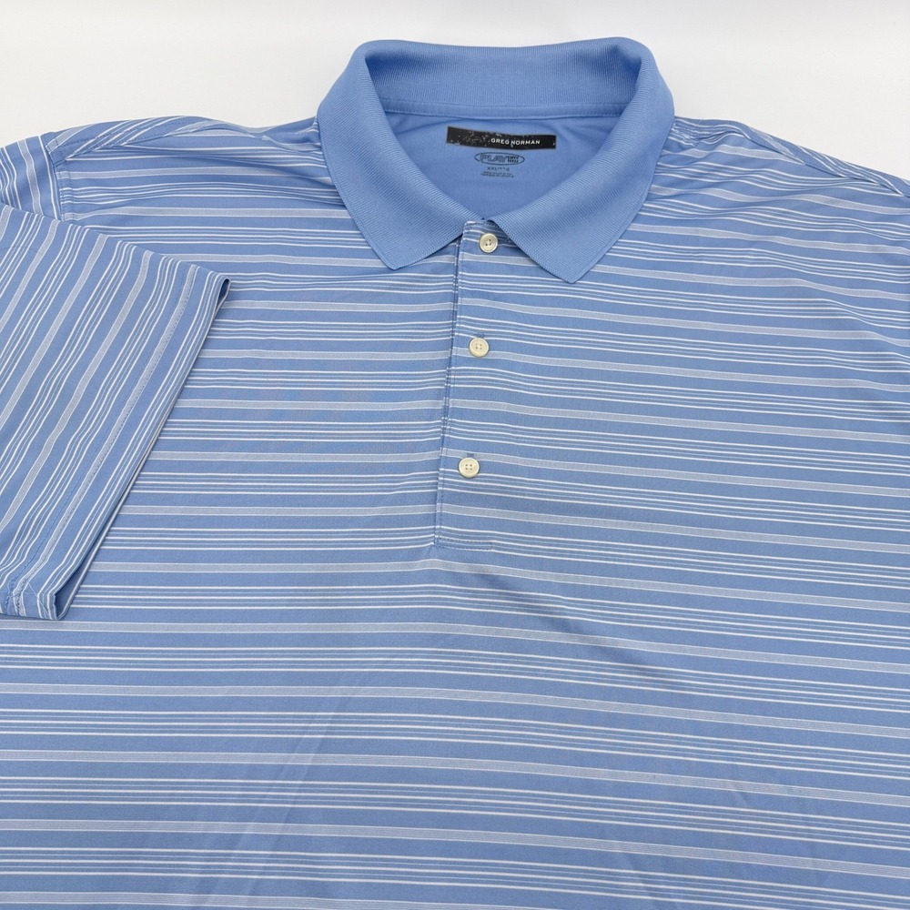Greg Norman Play Dry Golf Polo Shirt‎ Mens XXL Blue White Striped Short Sleeve